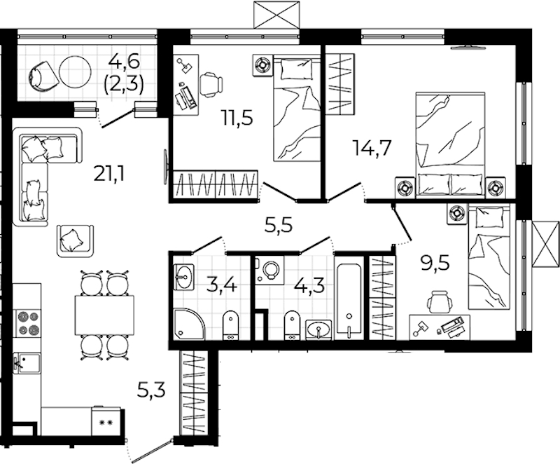 3-комнатная квартира 77.6 м², 7/12 эт., ЖК «А101 Всеволожск»